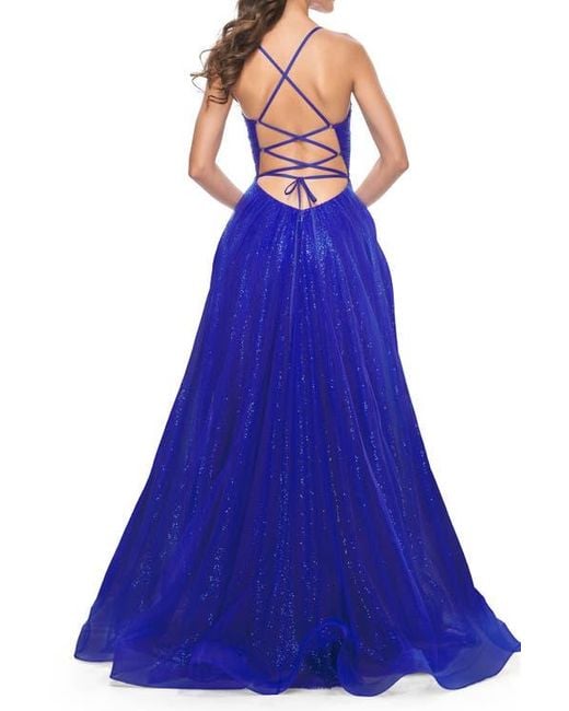 La Femme Blue A-Line Prom Dress With Sequin Lining And Illusion Top