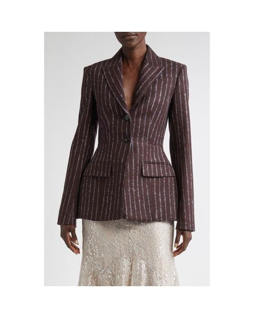 Erdem Brown Pinstripe Fitted Single Breasted Wool & Mohair Blend Blazer