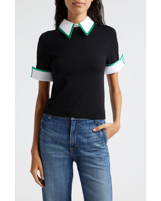 Alice + Olivia Black Alice + Olivia Short Sleeve Wool Sweater With Detachable Collar & Cuffs