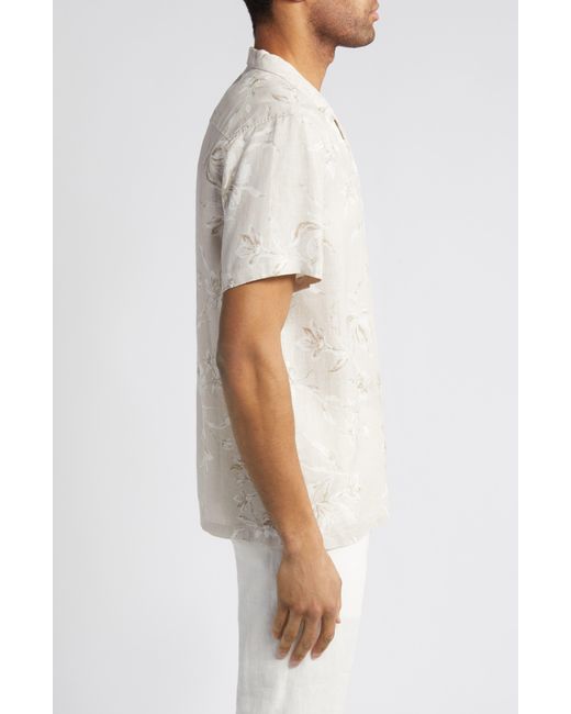 Nordstrom White Brushed Floral Short Sleeve Button-up Linen Camp Shirt for men