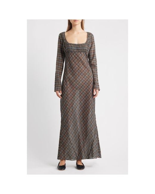 Damson Madder Marissa Sheer Plaid Maxi Dress in Brown | Lyst Damson Madder Marissa Sheer Plaid Maxi Dress in Brown | Lyst