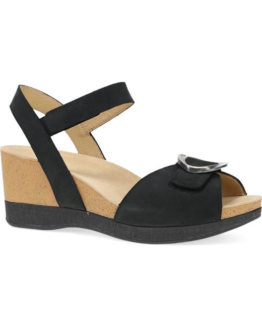 Dansko Black Stella Ankle Strap Platform Wedge Sandal