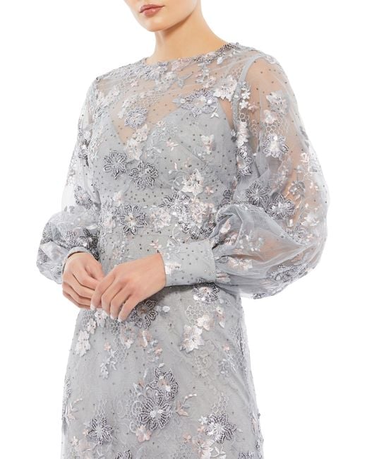 Mac Duggal Gray Embellished Illusion Neck Long Sleeve Gown