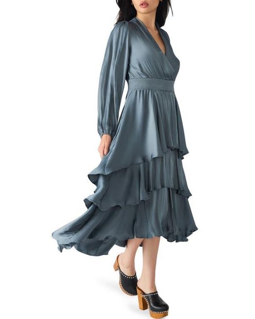 Steve Madden Blue Bei Long Sleeve Tiered Satin Midi Dress