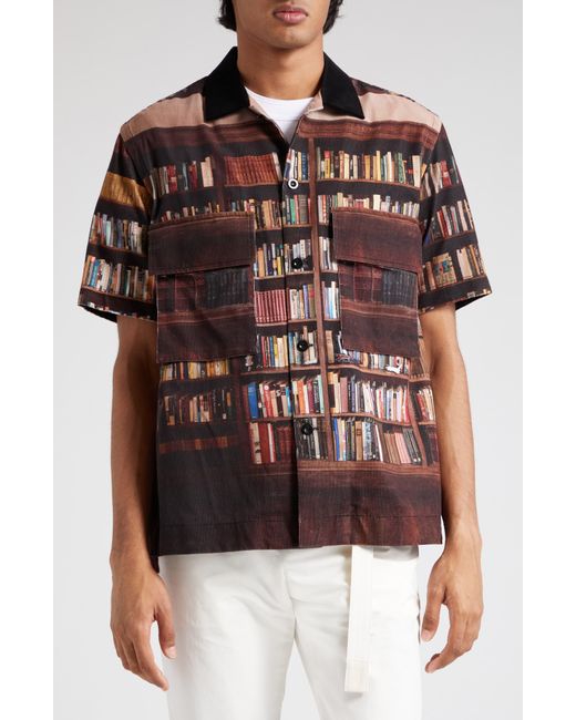 Sacai Red Interstellar Photo Print Short Sleeve Cotton Button-up Shirt for men