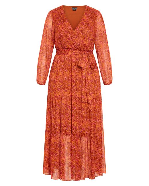 City Chic Orange Print Long Sleeve Tiered Faux Wrap Maxi Dress