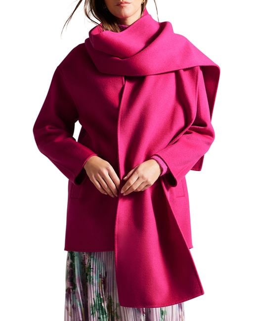 Ted Baker Pink Skylorr Wool Blend Coat With Scarf Detail