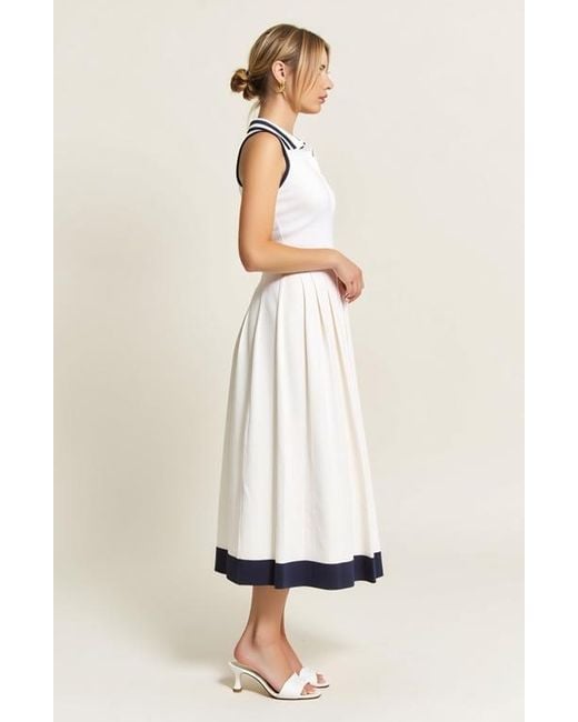 Modenaire White Sleeveless Knit Midi Dress With Contrast Collar And Hem Detail