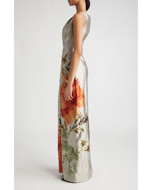 Erdem Multicolor Floral Pleated V-neck Gown