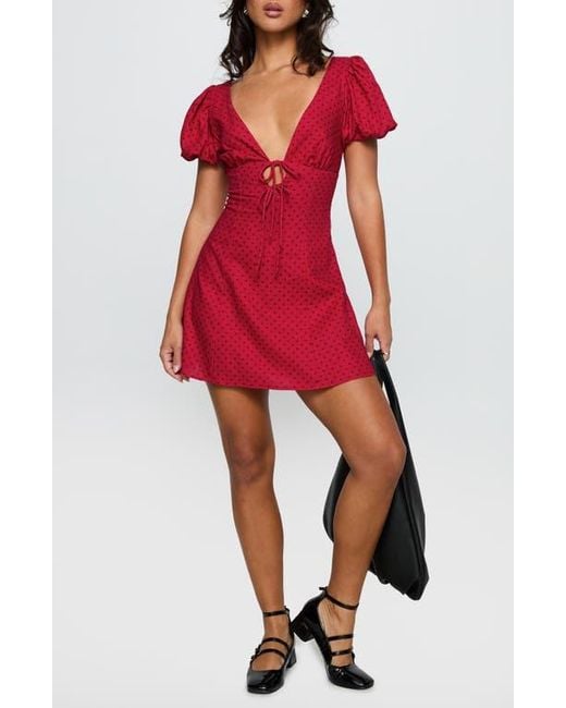 Princess Polly Red Beloved Polka Dot Puff Sleeve Linen Blend Minidress