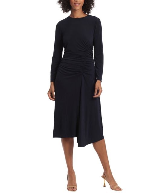 Maggy London Ruched Long Sleeve Midi Dress in Twilight Navy (Black) | Lyst