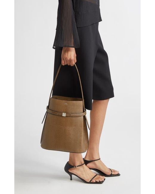 Totême  Brown Belted Lizard Embossed Leather Bucket Shoulder Bag