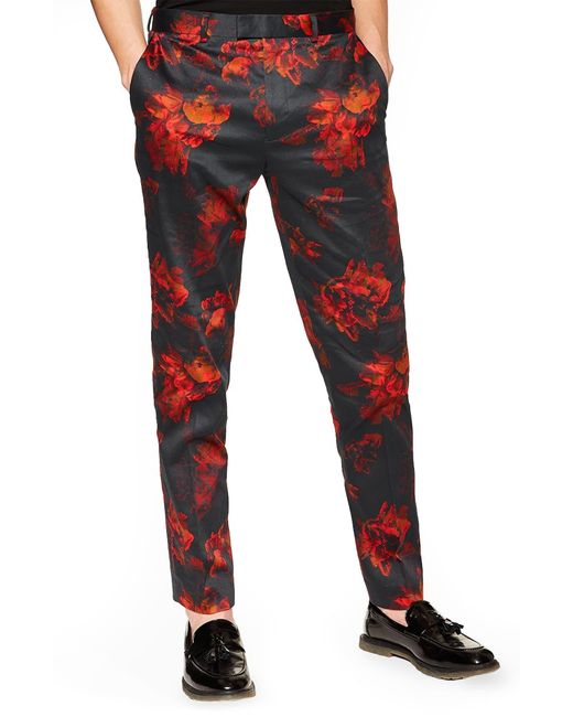 Topman Red Slim Fit Floral Suit Pants for men
