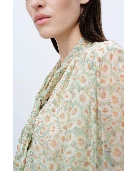 Mango Gray Belle Floral Chiffon Tie Neck Top