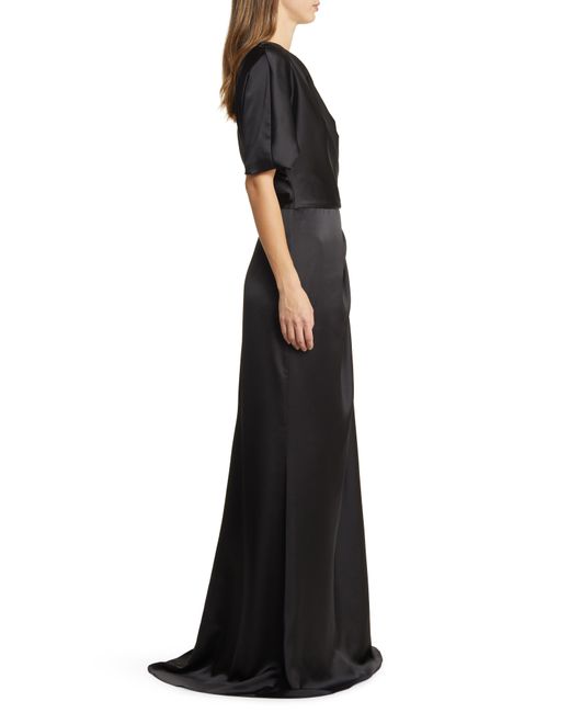 Amsale Black Gathered One-shoulder Satin Gown