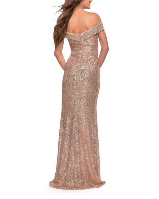 La Femme Metallic Off The Shoulder Ruched Sequin Dress With Slit