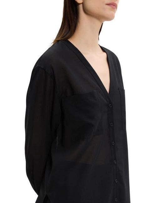 Theory Black Wool Blend V-Neck Button-Up Shirt