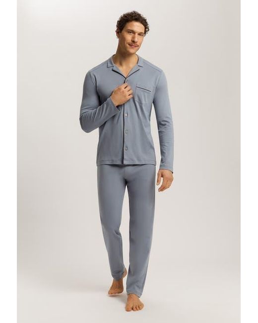 Hanro Blue Night And Day Button Front Cotton Pajama Set for men