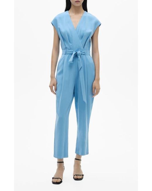 Mango Blue Tie Waist Faux Wrap Wide Leg Jumpsuit