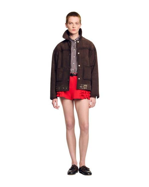 Sandro Red Studded Suede Leather Jacket