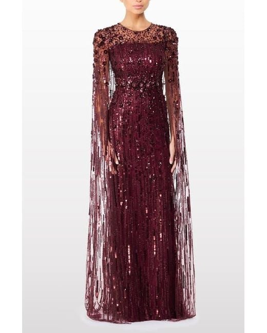 Jenny Packham Purple Ruby Sequin-Embellished Cape Maxi Dress