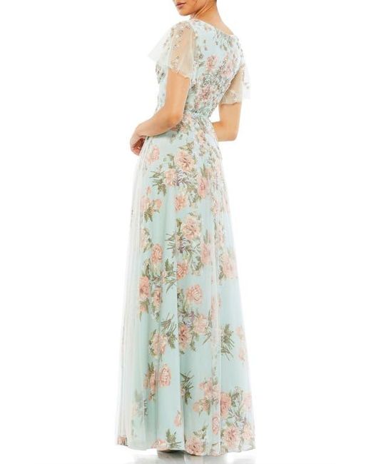 Mac Duggal Metallic Embellished Floral Gown With Mesh Flutter Sleeves, Beaded Waist & Pleated Bodice