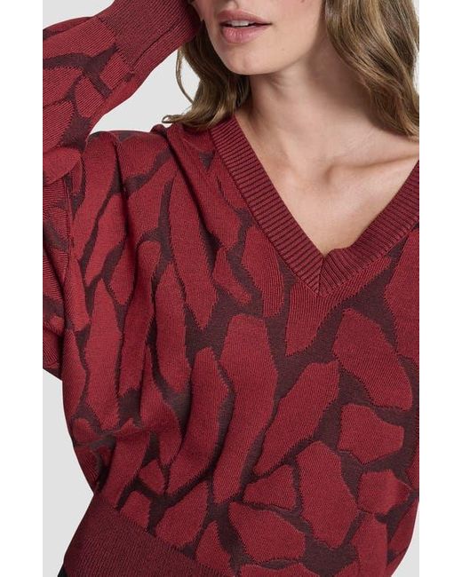 DKNY Red Jacquard V-Neck Sweater