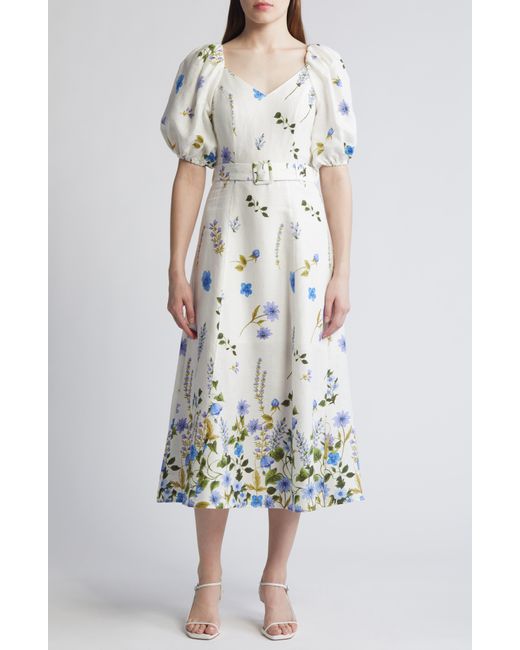 & Other Stories White & Floral Belted Puff Sleeve Linen Midi Dress