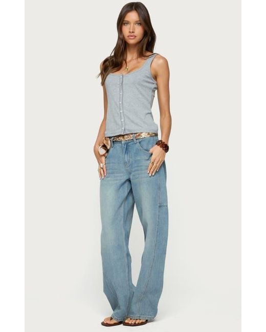 Edikted Blue Gwenne Pointelle Stitch Button-Up Tank