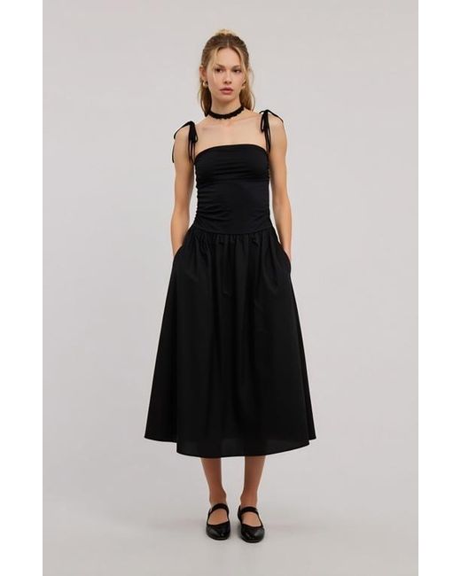 Modenaire Black Ruched Bodice Tie Strap Gathered Skirt Midi Dress