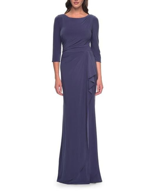 La Femme Women's Blue Chic Jersey Evening Dress With Ruching And