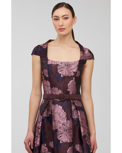 Kay Unger Red Kinsley Metallic Floral Jacquard Cocktail Dress