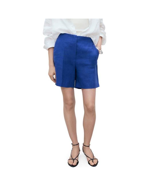 Mango Blue Straight Fit Linen Shorts