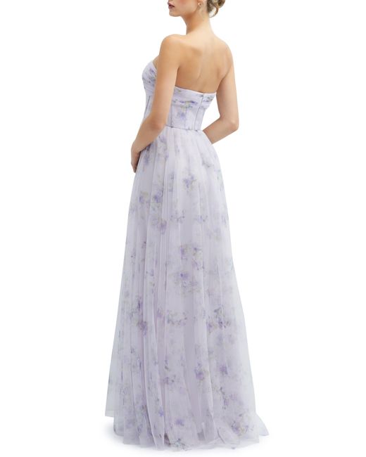 Dessy Collection Purple Floral Print Strapless Tulle