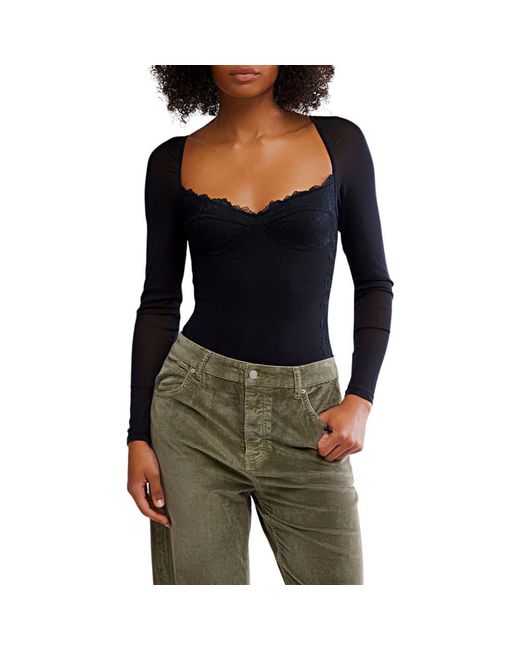 Free People Black Suddenly Fine Lace Bodysuit