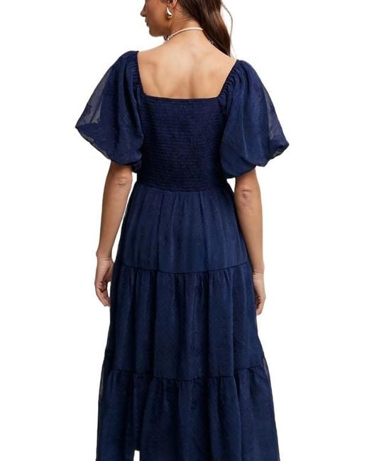 Knit & Lounge Blue Puff Sleeve Tiered Ruffle Lace Maxi Dress
