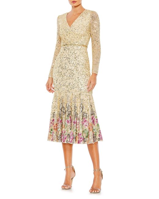 Mac Duggal Natural Floral Embellished Long Sleeve Midi Cocktail Dress