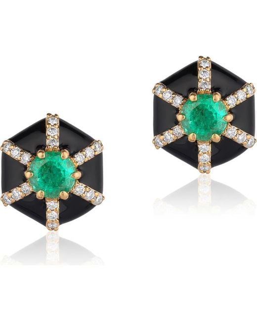 Goshwara Green Queen Hexagon Emerald & Diamond Stud Earrings