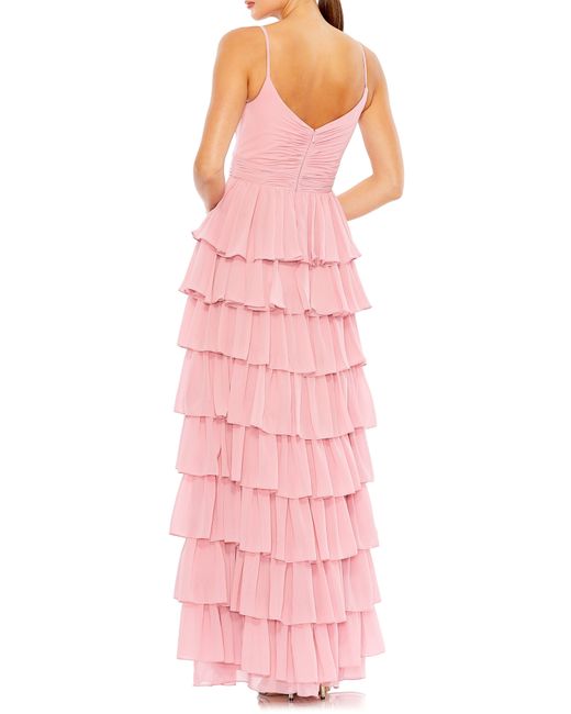 Mac Duggal Pink Tiered Ruffle Empire Waist Chiffon Gown