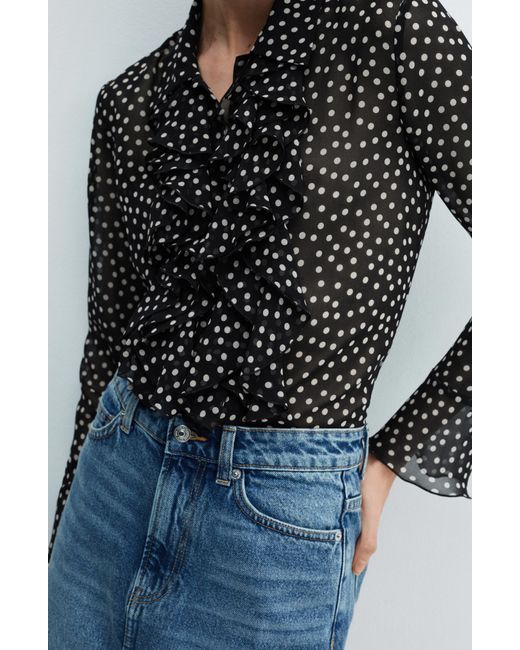 Mango Black Polka Dot Ruffle Semisheer Long Sleeve Shirt