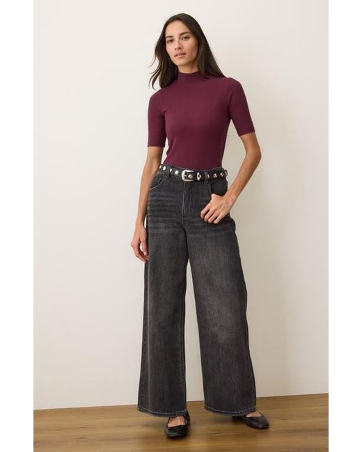 Marine Layer Purple Lexi Mock Neck Elbow Sleeve Rib Top