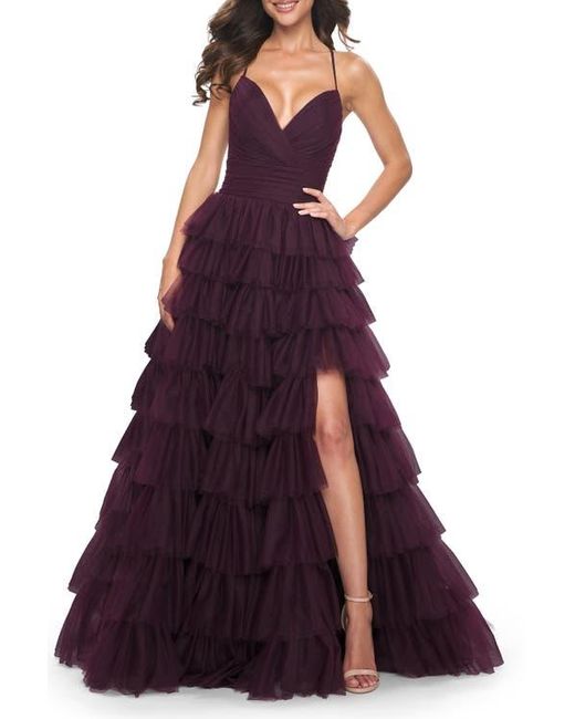 La Femme Purple A-Line Ruffle Tulle Gown With High Slit And Lace Up Back