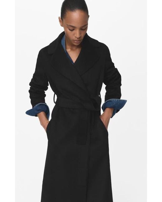 Mango Black Wool Blend Wrap Coat