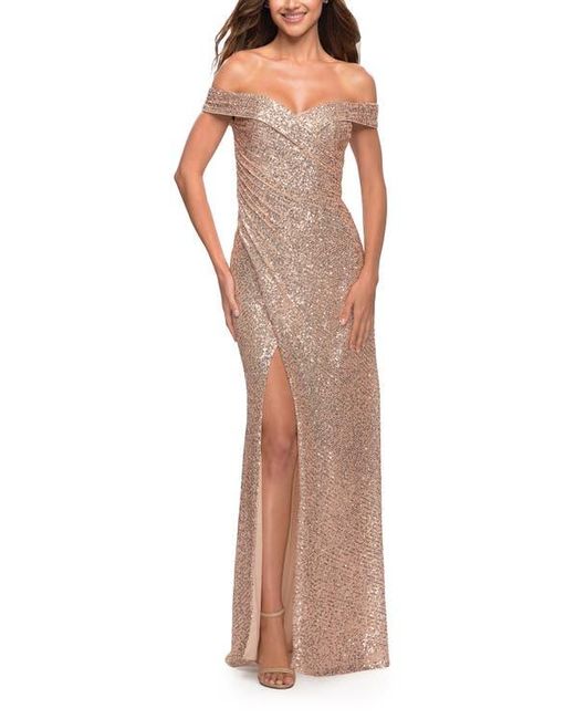 La Femme Metallic Off The Shoulder Ruched Sequin Dress With Slit
