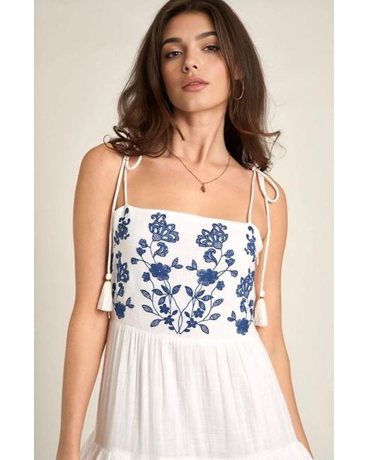 Knit & Lounge White Tiered Maxi Dress With Embroidered Bodice