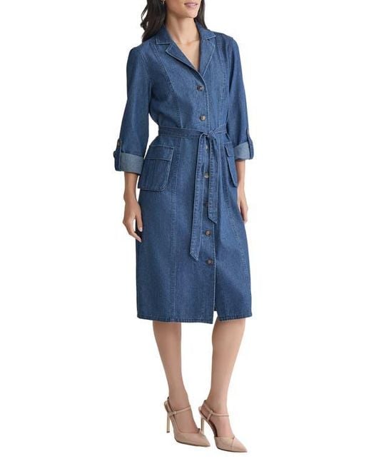 Jones New York Blue Long Sleeve Cotton Denim Midi Shirtdress