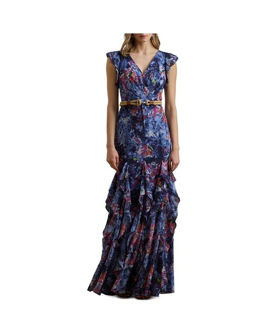 Ralph Lauren Blue Abstract Floral Ruffle Detail Crinkle Georgette Gown