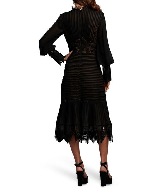 Tadashi Shoji Black Ribbed Lace Trim Long Sleeve Midi Cocktail Dress