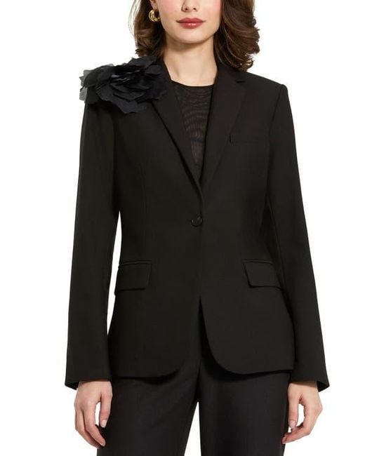Mac Duggal Black Classic Crepe Blazer Jacket With Flower