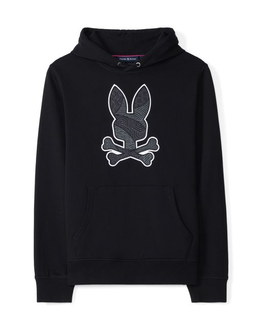 Psycho Bunny Black Lenox Bunny Appliqué Polo Pullover Hoodie for men